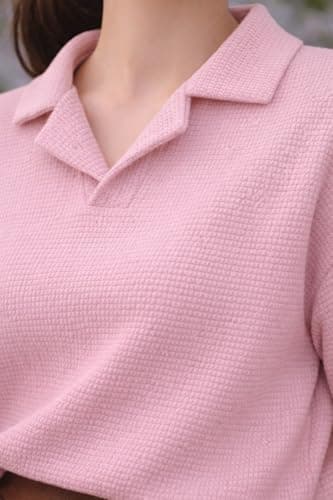 Zilcon Women’s Elegant Polo Neck Short Sleeve White T-Shirt | Minimal Casual Wear(Pink_S (s)) 5