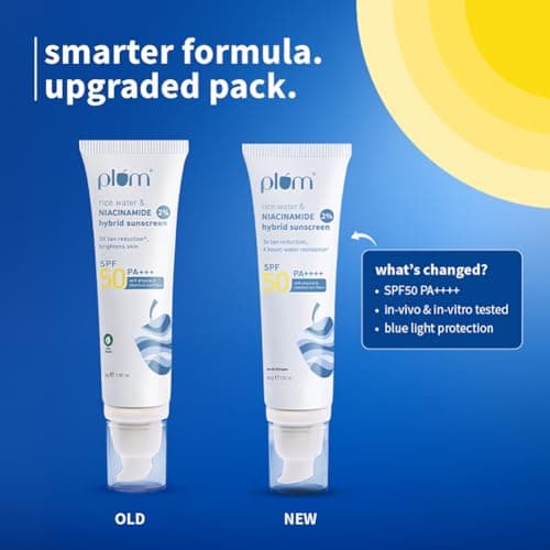 Plum 2% Niacinamide Sunscreen SPF 50 PA+++ With Rice Water | 4 Hrs Water Resistance | 3x Tan Reduction & Brightens | No White Cast, Lightweight, Non-Sticky | Dermatologically Tested | Women & Men | 10 4