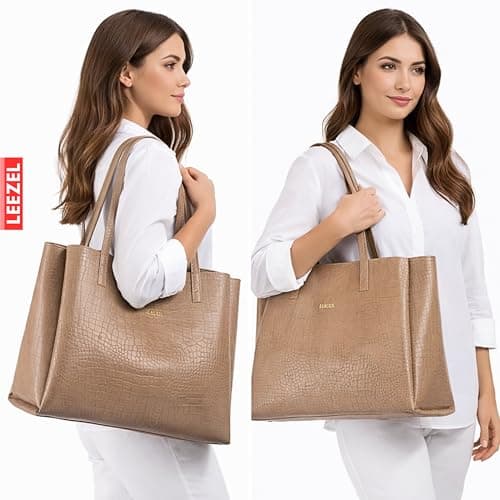 LEEZEL Women's Structured Tote Bag – Large Capacity Work & Travel Purse Croco Pattern Vegan Leather Stylish Tote Bag Classic Everyday Shoulder Bag (BEIGE) 3