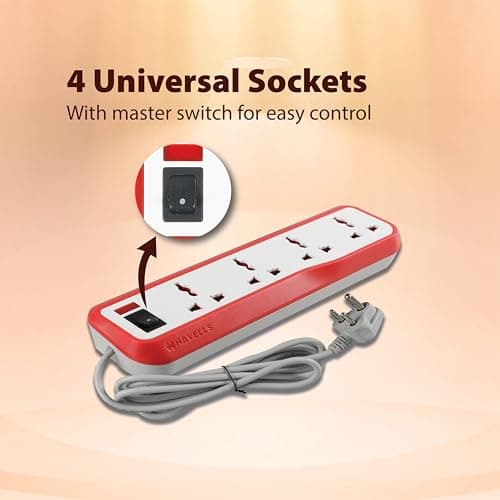 Havells EcoStar 4+1 Extension Board | Overload, Over Current & Over Voltage Protection | 4 Mtr Copper Wire | ISI Certified Wire & Plug | Universal 3 Pin 4 Sockets | LED Indicator | Home & Office Use 3