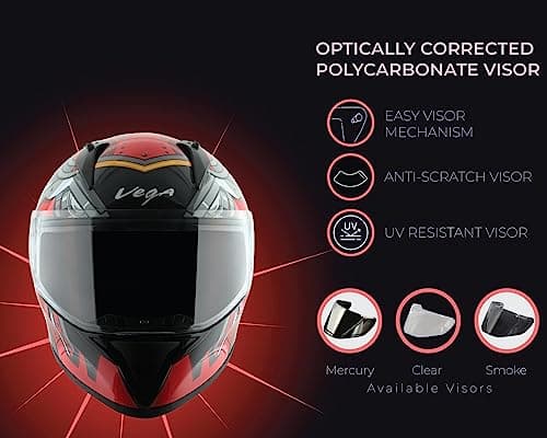 Vega Bolt Superhero ISI Certified Full Face Motorcycle Helmet with Impact Resistant ABS Shell High Density EPS Liner Scratch Resistant Visor Quick Release Buckle Comfortable Inner Padding Black Red He 2