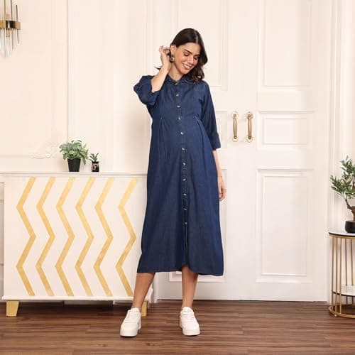 MomToBe Women's Cotton Maternity Denim/Pregnancy Dress/Easy Breastfeeding/Western Dress with Zippers for Nursing Pre and Post Pregnancy (Dark Blue - Large) 3