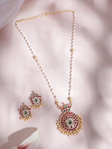 Rubans Gold-Plated Handcrafted Artificial Jewelry Set with Ruby, White Emerald Studs & Gold-White Beads with Earrings For Women and Girls – Perfect for Weddings and Special Occasions 4