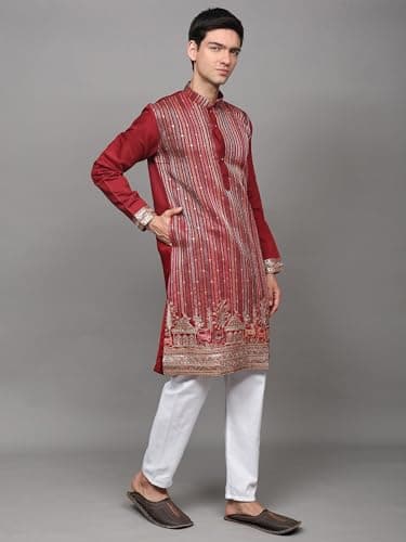 Exotic India Embroidered Stripes and Sequins work Art Silk Kurta with Cotton Pajama Pant Style | Ethnic Designer Kurta Pajama Set for Men 2