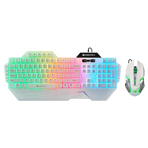 ZEBRONICS Optimus Gaming Keyboard & Mouse Combo, Braided Cable, Gold Plated USB, Upto 3600 DPI, 6 Buttons, High Resolution Sensor, Multicolor LED, Dedicated Macro Keys, 117 Keys (White)