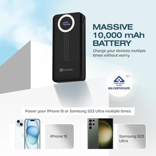 BonKaso 10000mAh Power Bank 22.5W PD Fast Charging with Built-in 2-in-1 Type C & Lightning Cable, Digital Display, Dual USB Output, Compact Portable Charger for Android, iPhone, Tablets – Black 3