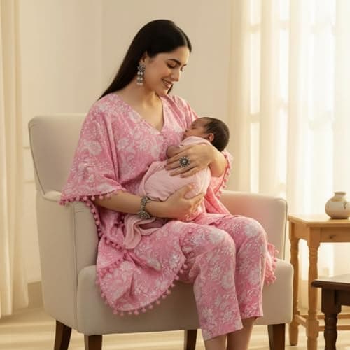 Aaheli Women’s Cotton V-Neck Printed Maternity Kaftan Set with Pant | Soft Nursing Wear | Comfortable Sleepwear for Pregnancy | Baby Pink, M 2