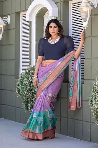 Amazon Brand - Anarva Round Neck Lycra Stretchable Puffed Elbow Sleeve Readymade Saree Blouse for Women Stylish(formi-oxford-blue-blouse-2xl) 4