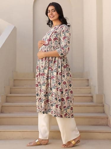 ASSUME FAB Women Rayon Regular Maternity Kurti/Pregnancy Kurti/Easy Breastfeeding Western Kurti with Zippers for Nursing Pre and Post Pregnancy Beige, Large(Large 4