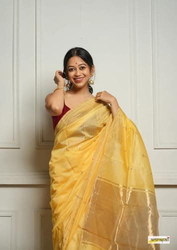 Flosive “Women's Pure Cotton Silk Saree with Golden Zari Border and Butti Work | Traditional Black Handloom Style Saree for Festive & Office Wear (YELLOW) 3