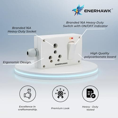 ENERHAWK 16A Heavy Duty Extension Board 3000W | High Load Power Strip with Pure Copper Wire | 16 Amp Socket for AC, Refrigerator, Geyser & Industrial Appliances | 16A Extension Chord | Made in India 2