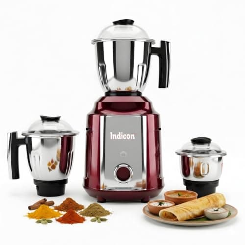 Indicon Turbo 1300W Copper Motor Mixer Grinder with 3 Stainless Steel Jar 3-Speed Control, Heavy Duty for Grinding, Blending & Juicing, Unbreakable ABS Body, Red