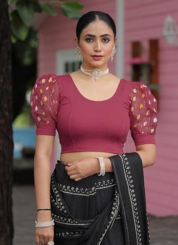 Amazon Brand - Anarva Round Neck Lycra Stretchable Puffed Elbow Sleeve Readymade Saree Blouse for Women Stylish (roli-Pink-Blouse-m) 2