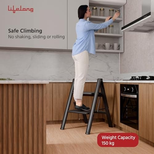 Lifelong 2 Steps Steel Ladder for Home, Foldable & Portable Stairs, Versatile Use for Kitchen, Bathroom & Office Foot Stool - Multipurpose Two Step Stool with 150 Kg Capacity (LLSLS02, Black) 2