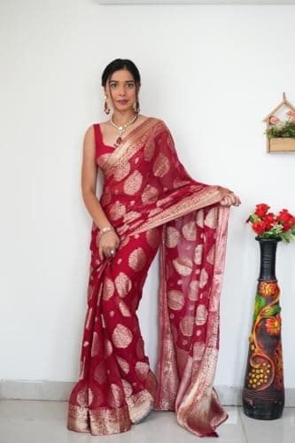 Shiv Textiles Women's Silk Blend Dual Tone Jacquard Ready To wear Saree(S-5039-Red) 4