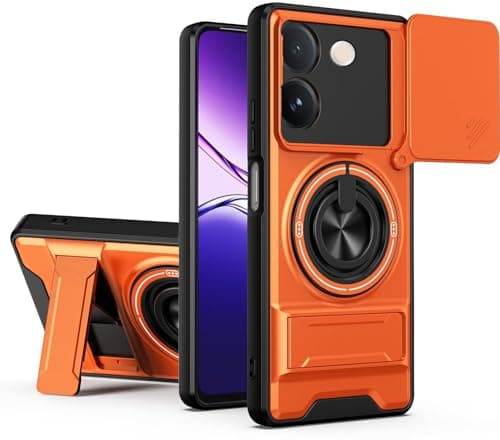 AeoFit Back Cover for Vivo V60e 5G | Armor Camera Slider 360 Degree Rotating Finger Ring Holder Case with Bracket Stand & Camera Protection Back Case Cover for Vivo V60e 5G (Orange)