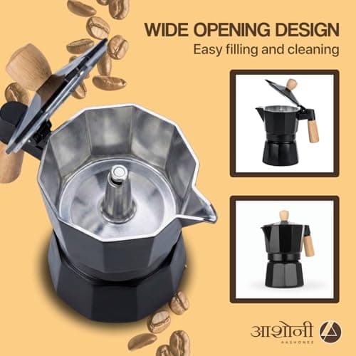 AAshonee Italian Coffee Maker | Espresso Moka Pot 3 Cup (150ml) | Black Aluminum Stovetop Espresso Maker | Real Wooden Handle 5