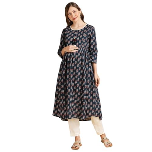 MomToBe Wome's Cotton Anarkali Maternity Kurti/Pregnancy Dress/Easy Breastfeeding Kurta with Zippers/Maternity Dress with Zippers for Nursing Pre and Post Pregnancy (Basil Green ; 2XL)