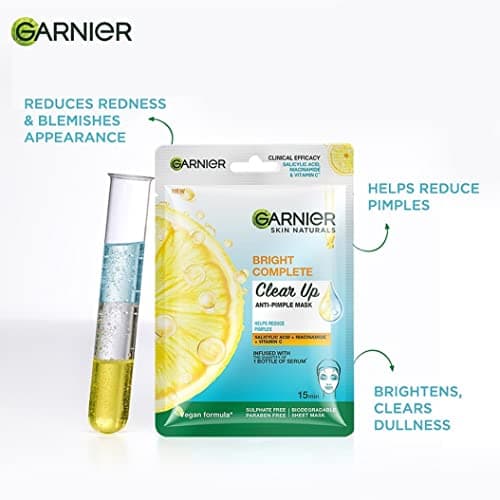 Garnier Bright Complete Anti Pimple Sheet Mask with 3 Serums and Skin Naturals Face Mask Hydrating, Brightening & Anti-Dark Spots 3