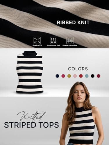 LASOON Women’s Striped Sleeveless Mock Neck Crop Top – Ribbed Knit Slim Fit Tank, Casual Summer Shirt 4