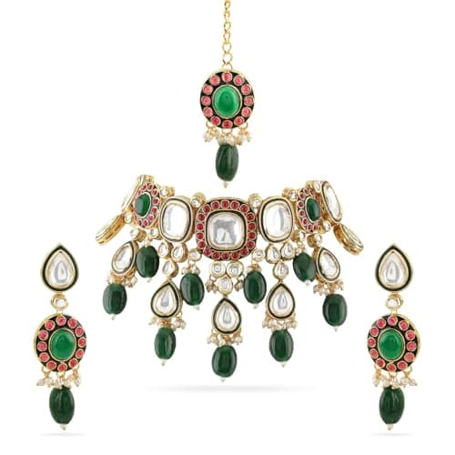 Rubans 24K Gold-Plated Kundan & Green Beaded Choker Necklace Set with Red Stone Accents