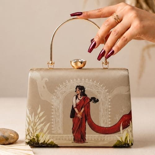 Artklim Beige Traditional Art Embroidered Clutches for Women | Wedding Clutch Stylish | Hand Clutches | Bridal Occasion Bag with Detachable Strap and Handle 3