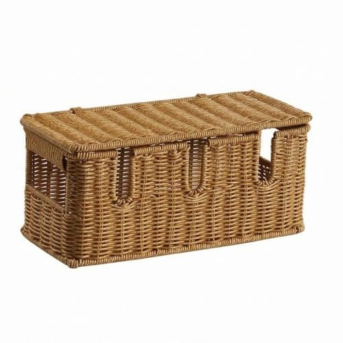SNAPPSY Basket-Like Rattan-Style Cable Box Desktop Lidded Cable Box Natural Brown Power Strip Cover Decorative, L Five Side Opening