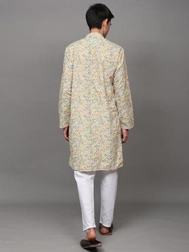 Exotic India Chikankari Embroidered and Sequins work Pure Cotton Kurta with Pajama | Ethnic Design Kurta Pajama Set for Men Multicolor 4