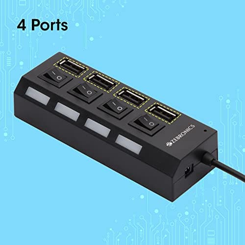 ZEBRONICS 150Hb 4 Port USB Hub with Dedicated On/Off Switch, Led Indicators, 45Cm Cable Length, Optional Power Input Port, Multi Device and Plug Play Usage 2