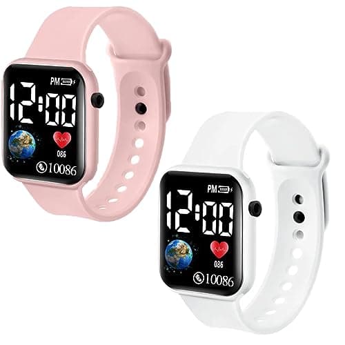 Goldenize Fashion New Waterproof Day Date Display Muticolour Electronic Children Kids Digital Sports Fitness Square Led Watch for Kids, Boy & Baby Girls- Watch for Kids Gift-Pack of 2 (Pink-White)
