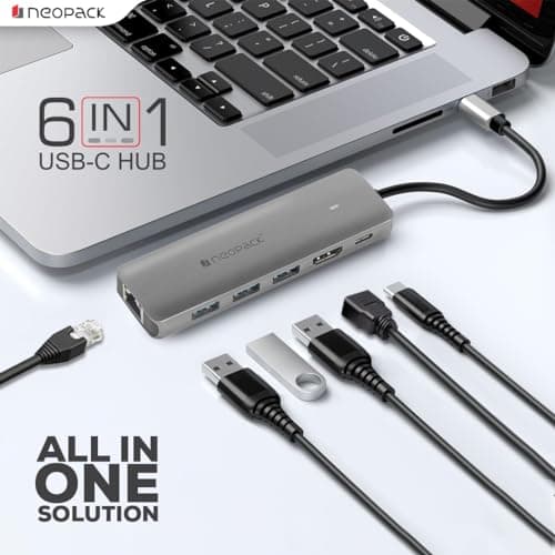 Neopack 6 in 1 USB C Hub Multiport Adapter with HDMI 4K 30Hz, 100W PD Fast Charger, USB 3.0 5Gbps Data Ports, RJ45 for MacBook Pro, MacBook Air, iPad Pro, XPS & More 2