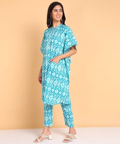 BLOCKS OF INDIA Coords Set in Pure Cotton Kaftan Style Hand Block Print Co Ord Set for Women (X-Large, KAFTAAN Green) 2