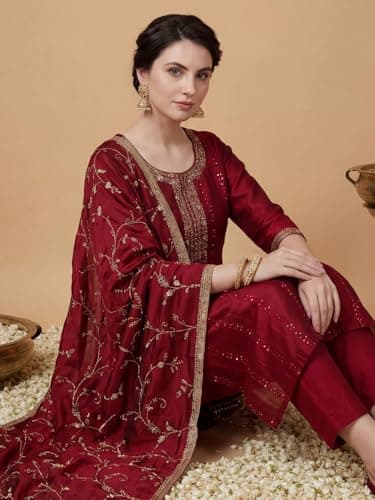 INDO ERA Women's Pink Pure Cotton Floral Printed Flared Fusion Kurta & Pant Set 2