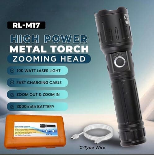 PICSTAR RL-M17 High Power 100W LED Torch, Metal Rechargeable Flashlight with 3000mAh Battery, Zoom Focus & Type-C Fast Charging for Outdoor Adventures 6