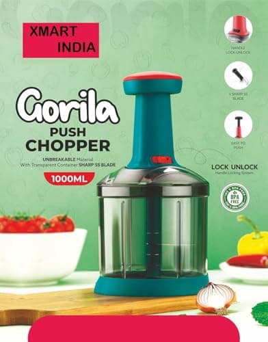 Xmart India Manual Push Chopper, 1000ML, 5 Stainless Steel Blades, Multicolor, Kitchen Essentials 3