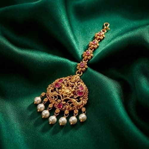 VAMA FASHIONS Traditional Matt Gold Plated Ruby CZ Stone Pearl Maangtikka Papdibilla Temple Maang Tikka Wedding Jewlery For Women & Girls (Laxmi maang tikka) 4