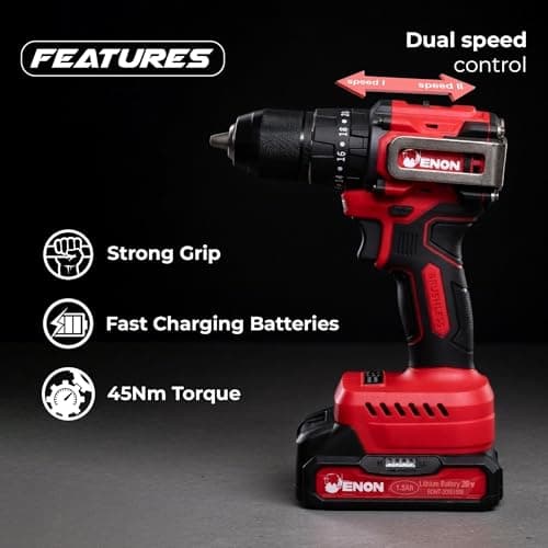 Enon Cordless 20V Brushless Drill/Driver for Home Use, 1450RPM, 45NM Torque, Keyless Chuck 13mm, 2 Speed Modes, 3 Function Gearbox, 2x1.5Ah Batteries, 71 Pcs Drill Kit, 6 Months Warranty (XE-BL2012) 2