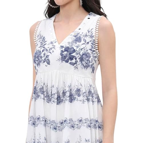 BIBA Women Off-White-Blue Cotton Tiered Printed Dress_42 5
