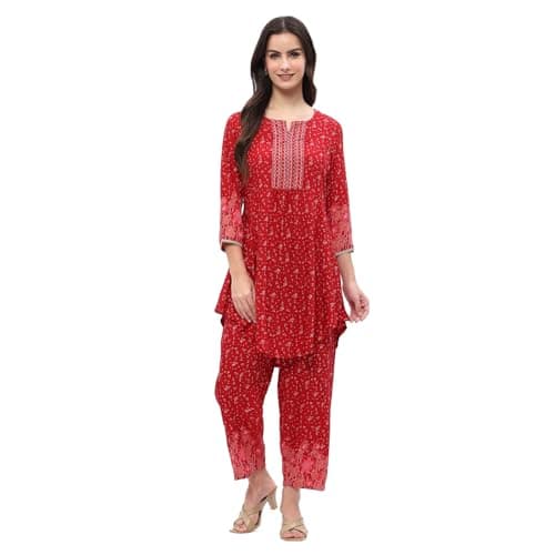 Rangriti Women's Red Viscose Blend Printed Festive Co-ord Set_32