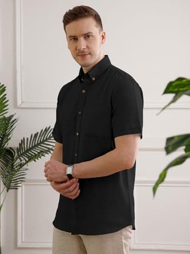 THE FORMAL CLUB Men's Premium Linen/Cotton Blend Shirt | Smart Fit | Half Sleeves | Button Down Collar | American Placket | Raven Colour | Casual Wear | Made in India | Pack of 1. 4