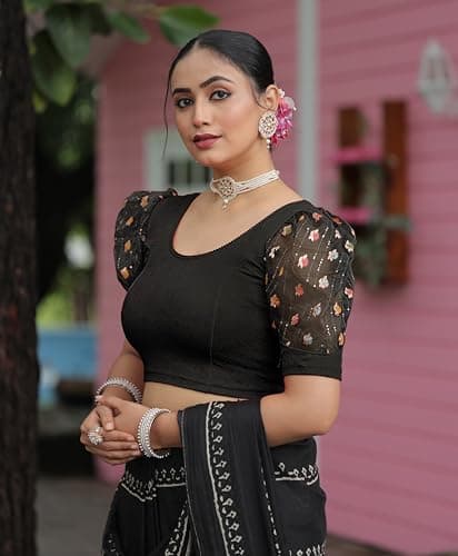 Amazon Brand - Anarva Round Neck Lycra Stretchable Puffed Elbow Sleeve Readymade Saree Blouse for Women Stylish (roli-Black-Blouse-l) 4