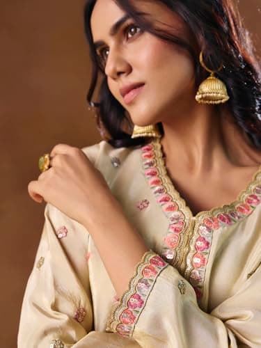 madhuram textiles Women's Shimmar Top Skirt Set for Women V-Neck Embroidered Ethnic Wear Dress(M-2558 Off White_Small) 5