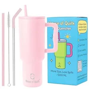 House of Quirk 1200ML Stainless Steel Tumbler with Handle & Lid, 2 Straws – Large Travel Mug Water Cup for Gym, Office & Outdoor Use (Misty Rose)