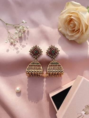 NILARA Kundan Jhumka Earrings for Women | Gold Plated Traditional Temple Jewellery | Antique Dome Jhumki | Bridal Wedding Party Fashion Ethnic Earrings for Women and Girls | Bridal Earring Kundan (Red 4