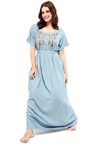 ZEYO Women's Rayon Light Blue Floral Embroidery Ghera Nightwear Set Night Gown 5683,Large 3