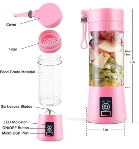 NTS Portable Electric Juicer Mixer with 2000mAh Battery, 6 Blades, 380ml Bottle, USB Rechargeable 4