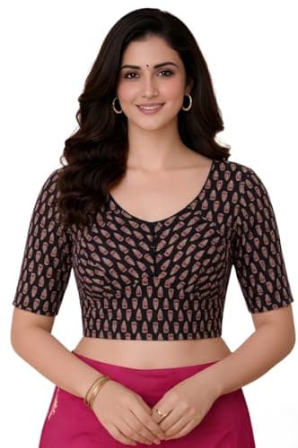 Amazon Brand - Anarva Women's Premium Cotton Leaf Print Strechable Readymade Saree Blouse | U-Neck Ethnic Wear for Festive and Party Look | Katori Cut Pattern (Cup-Blouse-Motif-Black-l)