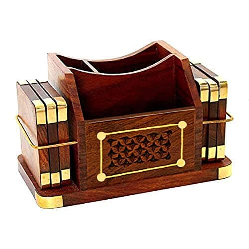DIGSMORDEN Wooden Desk Organizer with Brass Accents, Brown, Carved Design, Multi-Compartment, 6x3.5x3.75 Inches, Includes Coaster (Brown-1)
