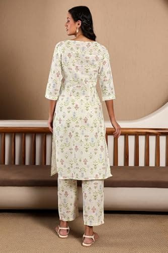 W Ecru Floral Printed Lace Cotton Kurta and Pant Set for Women 5