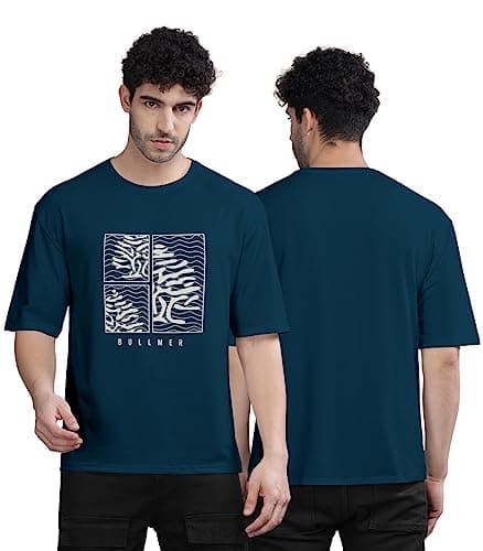 BULLMER Trendy Front Printed Oversized Round Neck T-Shirt for Men - Petrol Blue/Large